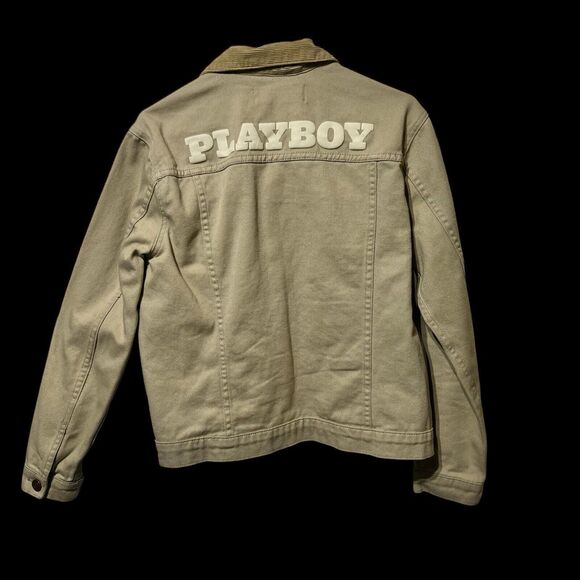 Playboy by Pacsun Men’s Beige Denim, Corduroy Collar Trucker Jacket  Size SMALL - Picture 3 of 12
